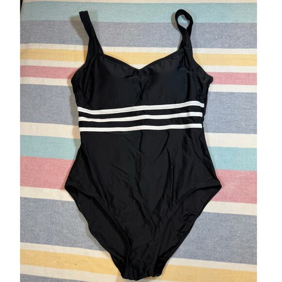 NWOT Chic Black One-Piece Swimsuit - Size Medium - Striped - Picture 1 of 6